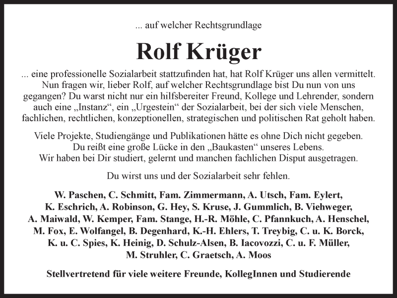  Traueranzeige für Rolf Krüger vom 20.05.2017 aus LZ
