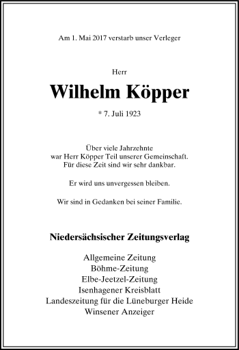 Anzeige von Wilhelm Köpper von LZ
