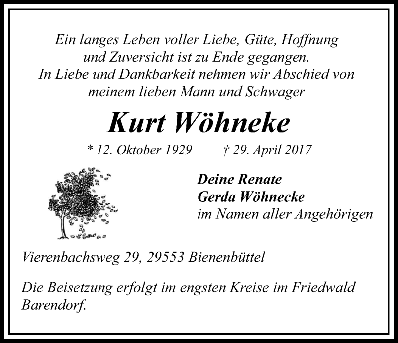  Traueranzeige für Kurt Wöhneke vom 06.05.2017 aus LZ