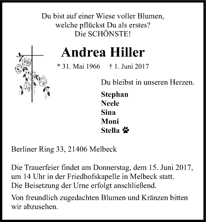  Traueranzeige für Andrea Hiller vom 12.06.2017 aus LZ