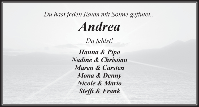  Traueranzeige für Andrea Hiller vom 12.06.2017 aus LZ