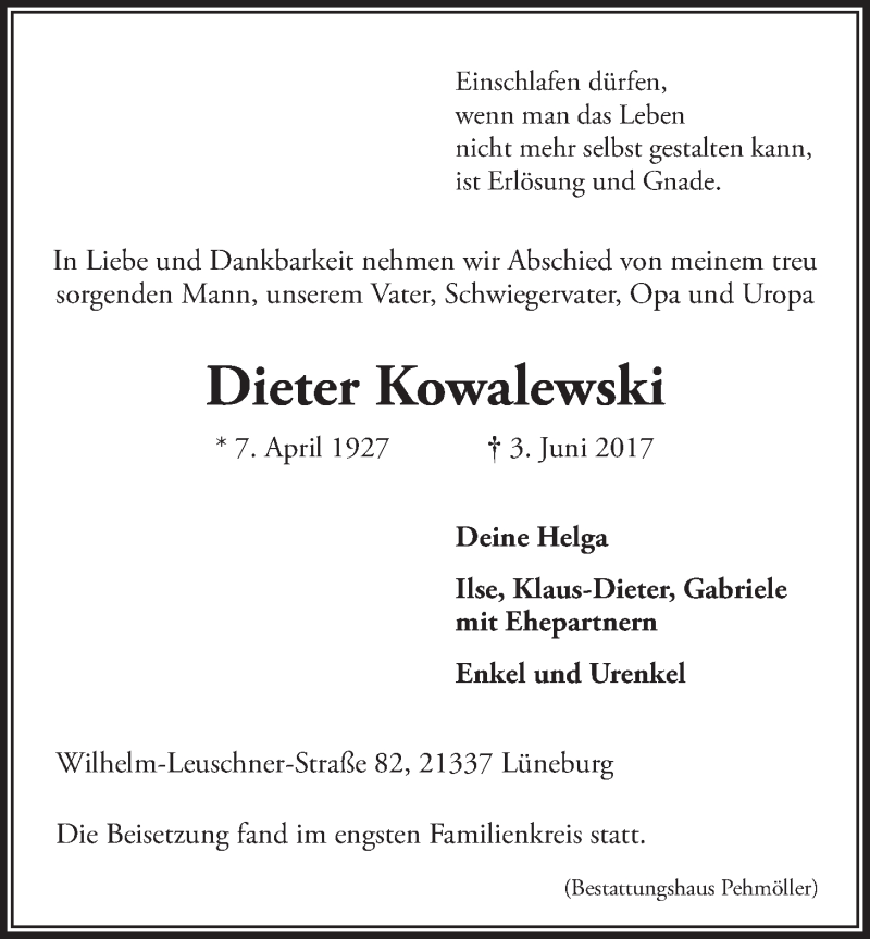 Traueranzeigen von Dieter Kowalewski TrauerLüneburg.de