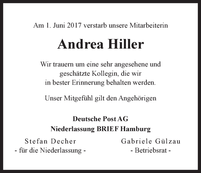  Traueranzeige für Andrea Hiller vom 13.06.2017 aus LZ