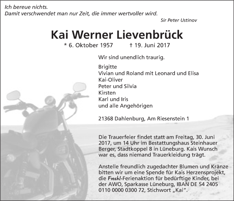  Traueranzeige für Kai Werner Lievenbrück vom 24.06.2017 aus LZ