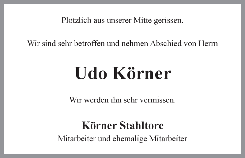  Traueranzeige für Udo Körner vom 31.05.2017 aus LZ