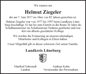 Anzeige von Helmut Ziegeler von LZ