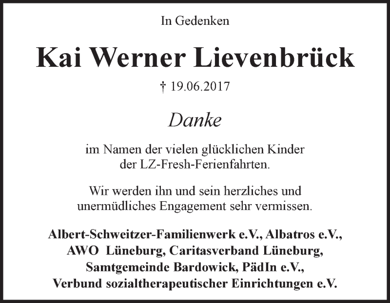  Traueranzeige für Kai Werner Lievenbrück vom 28.06.2017 aus LZ