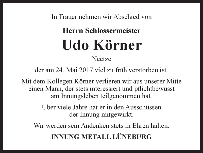  Traueranzeige für Udo Körner vom 01.06.2017 aus LZ