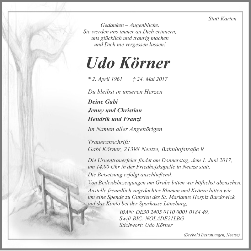  Traueranzeige für Udo Körner vom 31.05.2017 aus LZ