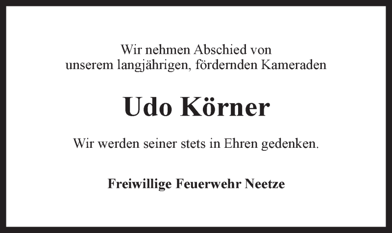  Traueranzeige für Udo Körner vom 01.06.2017 aus LZ