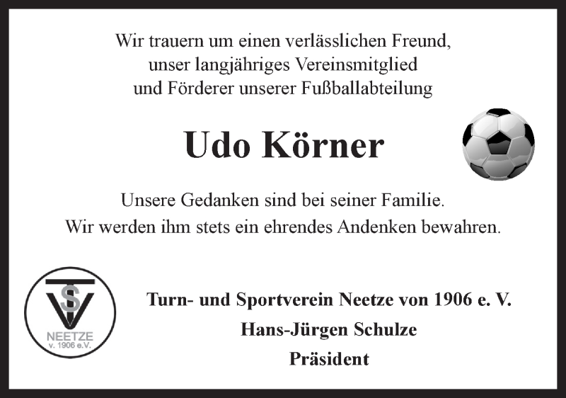  Traueranzeige für Udo Körner vom 31.05.2017 aus LZ