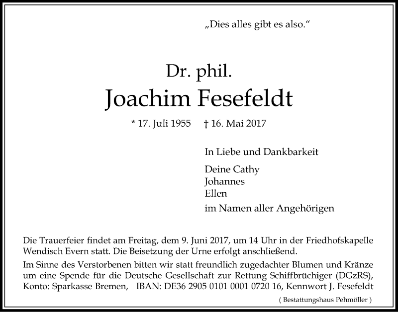  Traueranzeige für Joachim Fesefeldt vom 03.06.2017 aus LZ