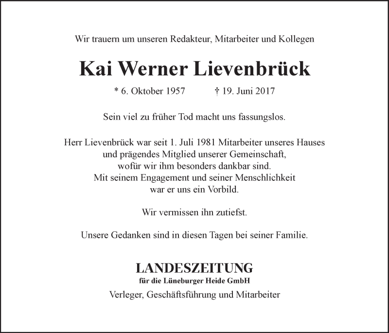  Traueranzeige für Kai Werner Lievenbrück vom 24.06.2017 aus LZ