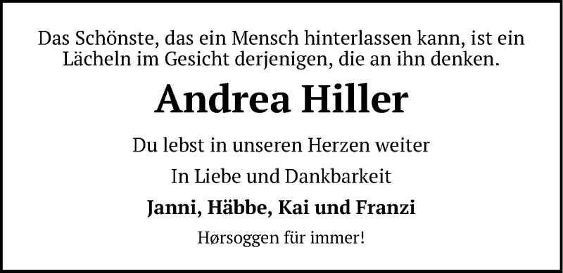  Traueranzeige für Andrea Hiller vom 12.06.2017 aus LZ