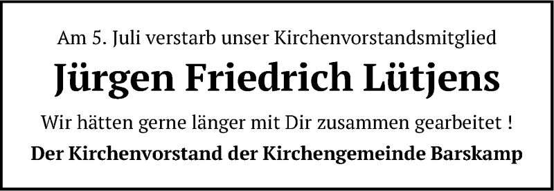  Traueranzeige für Jürgen Friedrich Lütjens vom 12.07.2017 aus LZ