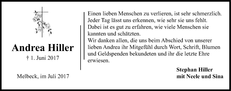  Traueranzeige für Andrea Hiller vom 01.07.2017 aus LZ