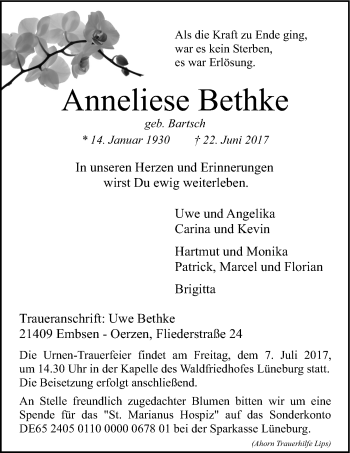 Anzeige von Anneliese Bethke von LZ