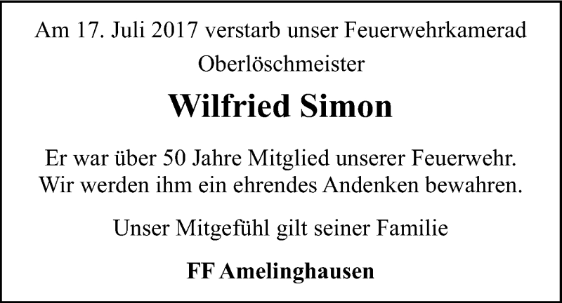  Traueranzeige für Wilfried Simon vom 20.07.2017 aus LZ