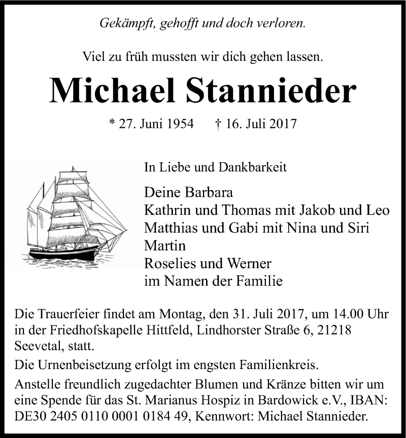  Traueranzeige für Michael Stannieder vom 22.07.2017 aus LZ
