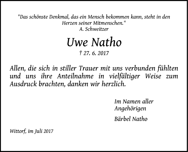  Traueranzeige für Uwe Natho vom 15.07.2017 aus LZ