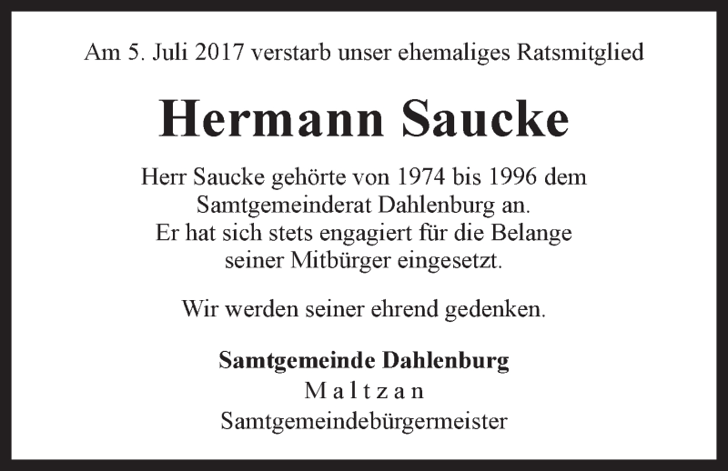  Traueranzeige für Hermann Saucke vom 08.07.2017 aus LZ