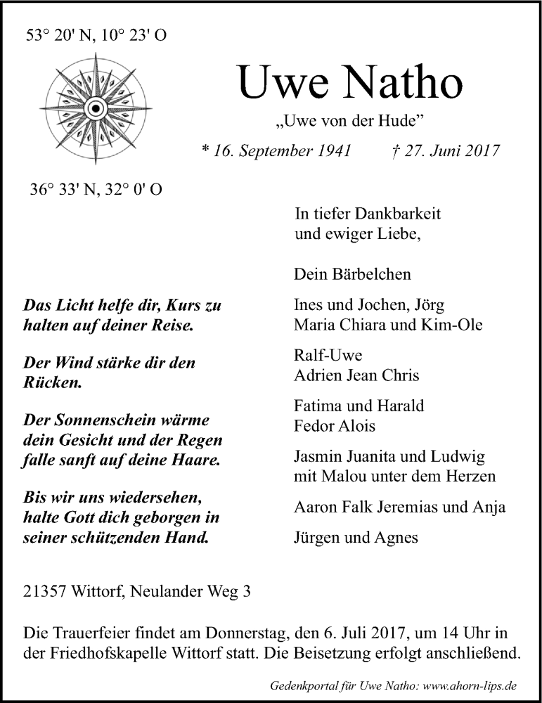  Traueranzeige für Uwe Natho vom 01.07.2017 aus LZ