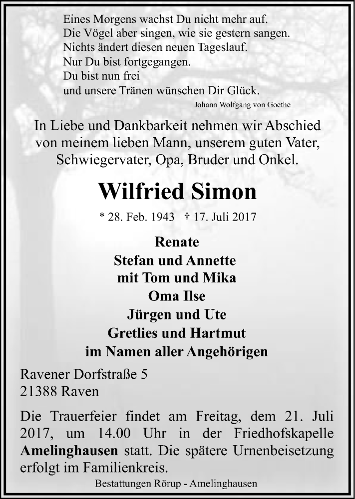  Traueranzeige für Wilfried Simon vom 19.07.2017 aus LZ