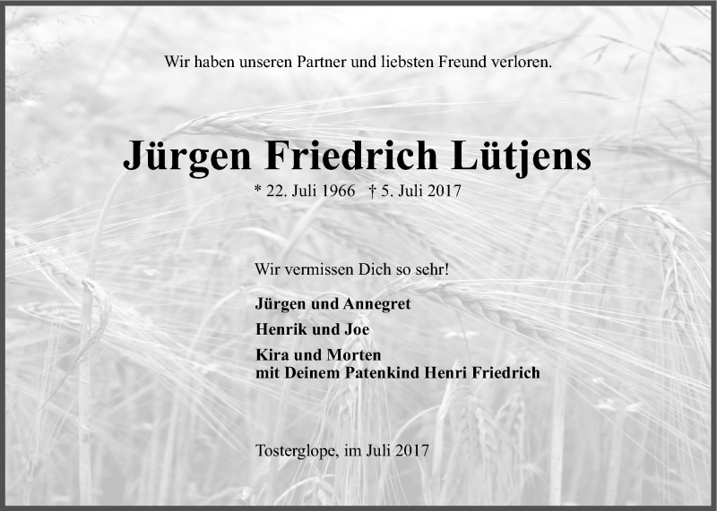  Traueranzeige für Jürgen Friedrich Lütjens vom 12.07.2017 aus LZ