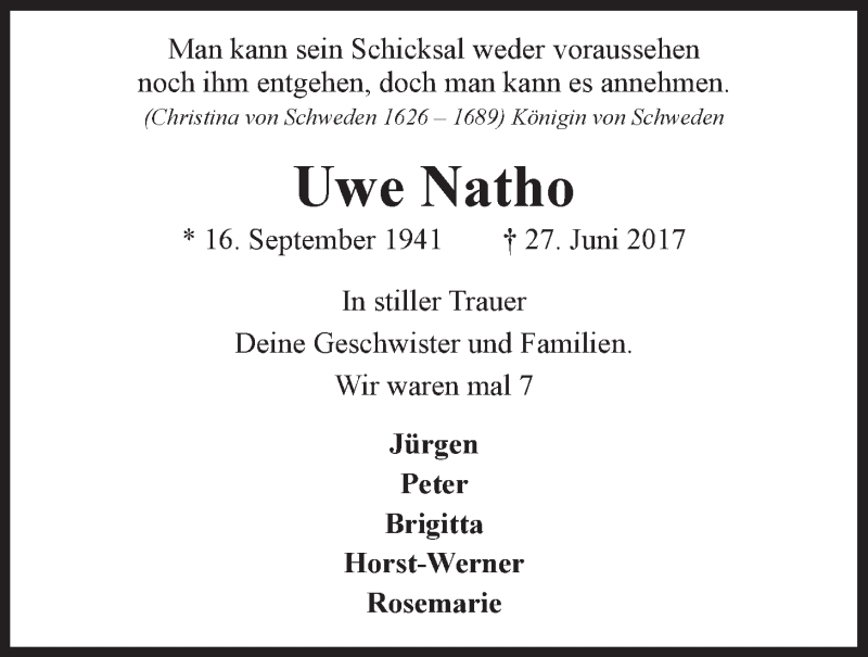  Traueranzeige für Uwe Natho vom 01.07.2017 aus LZ