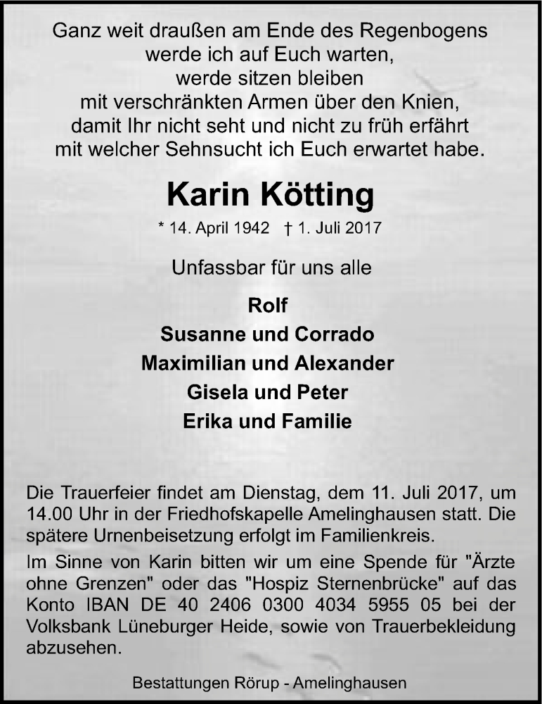  Traueranzeige für Karin Kötting vom 07.07.2017 aus LZ