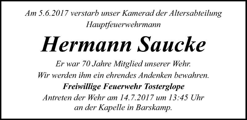  Traueranzeige für Hermann Saucke vom 08.07.2017 aus LZ