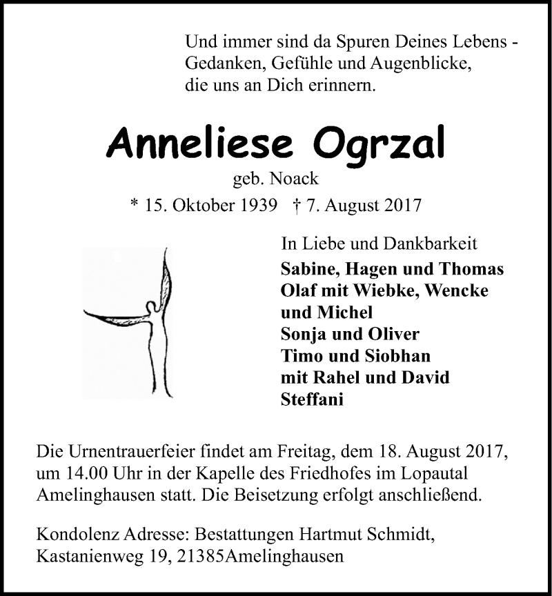  Traueranzeige für Anneliese Ogrzal vom 15.08.2017 aus LZ