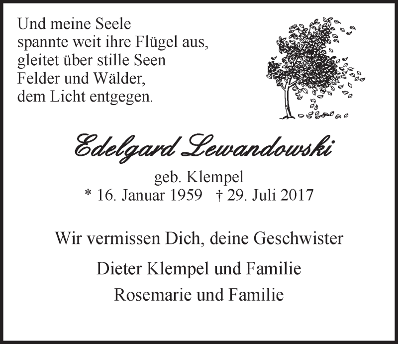  Traueranzeige für Edelgard Lewandowski vom 05.08.2017 aus LZ