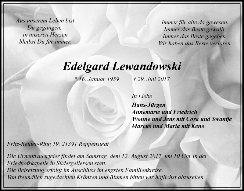  Traueranzeige für Edelgard Lewandowski vom 02.08.2017 aus LZ