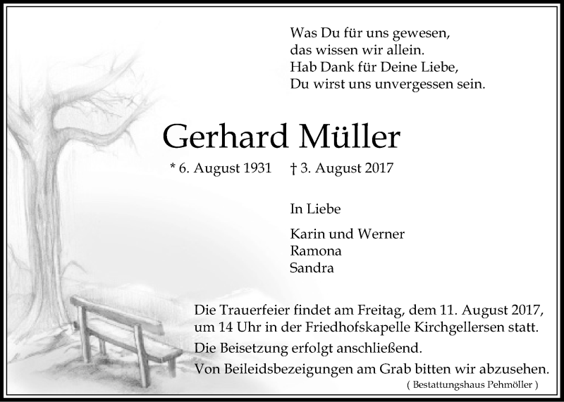  Traueranzeige für Gerhard Müller vom 08.08.2017 aus LZ