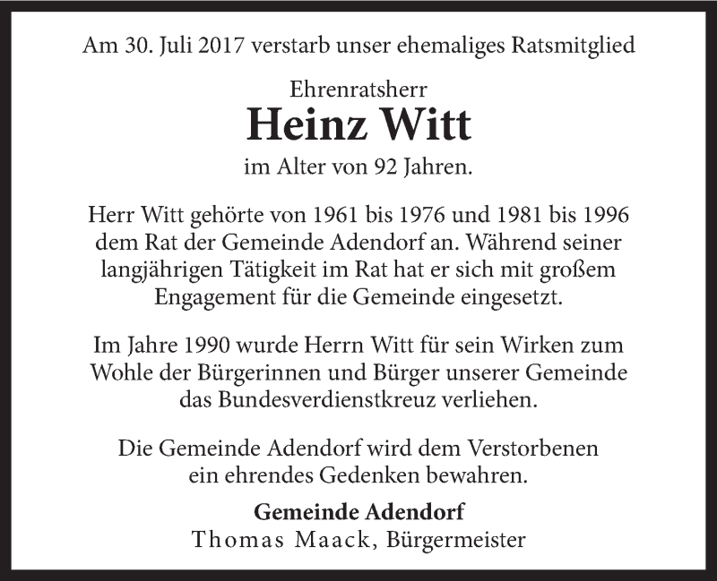  Traueranzeige für Heinz Witt vom 02.08.2017 aus LZ