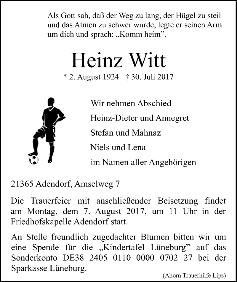  Traueranzeige für Heinz Witt vom 02.08.2017 aus LZ