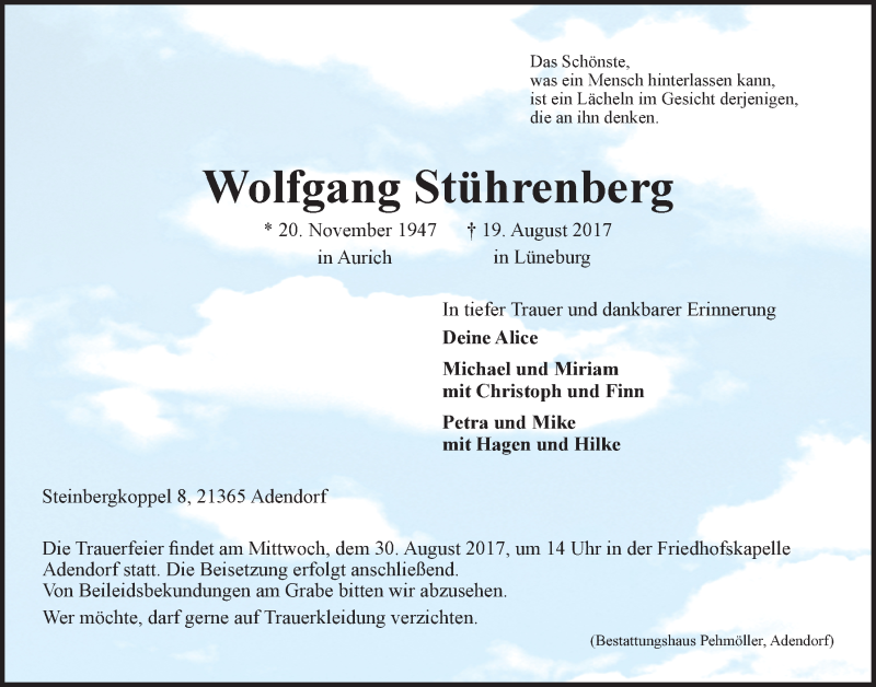  Traueranzeige für Wolfgang Stührenberg vom 26.08.2017 aus LZ