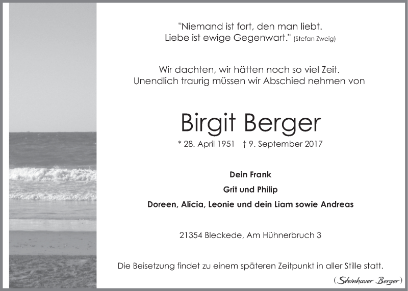  Traueranzeige für Birgit Berger vom 15.09.2017 aus LZ