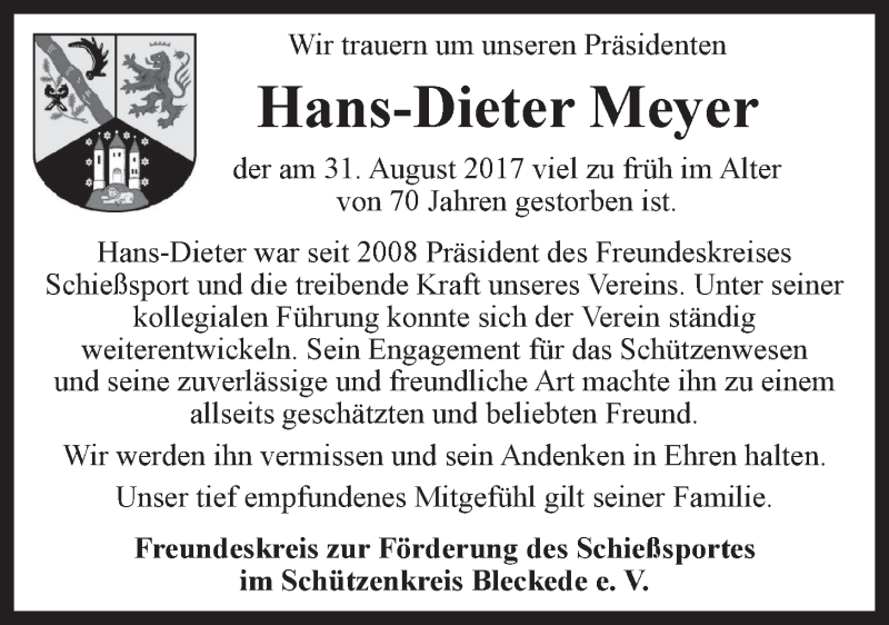  Traueranzeige für Hans-Dieter Meyer vom 08.09.2017 aus LZ