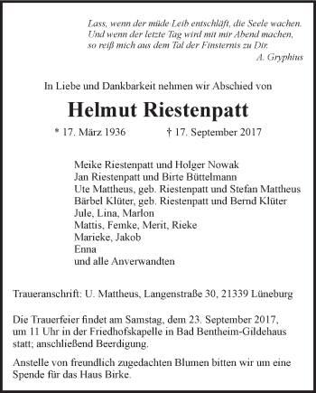 Anzeige von Helmut Riestenpatt von LZ
