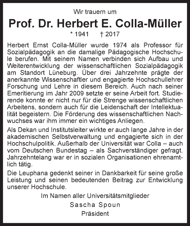  Traueranzeige für Herbert Colla vom 09.09.2017 aus LZ