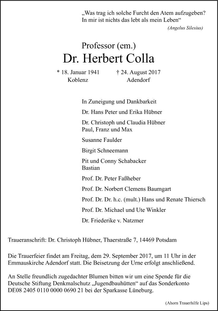  Traueranzeige für Herbert Colla vom 09.09.2017 aus LZ