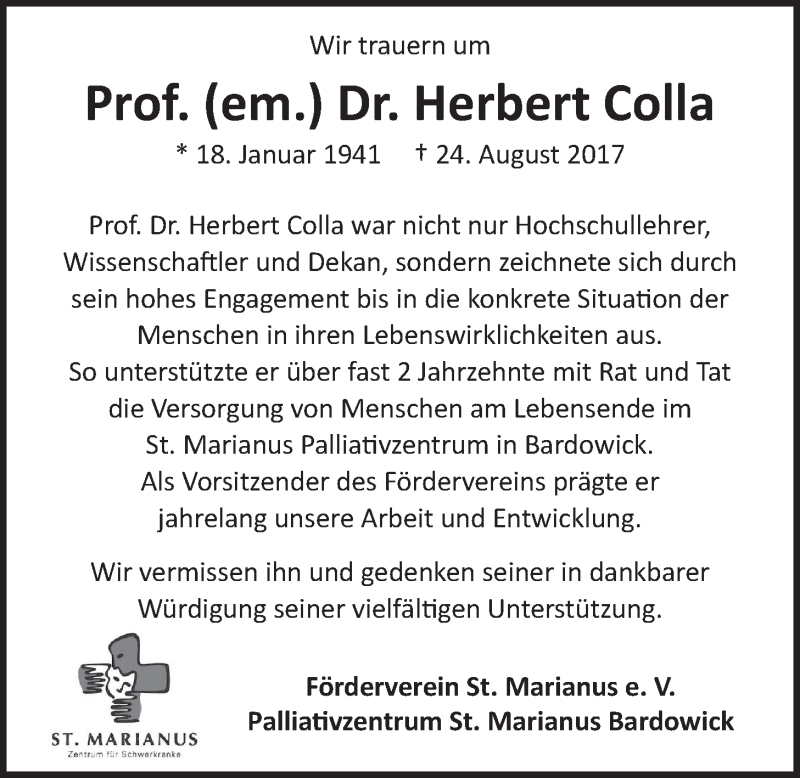  Traueranzeige für Herbert Colla vom 13.09.2017 aus LZ