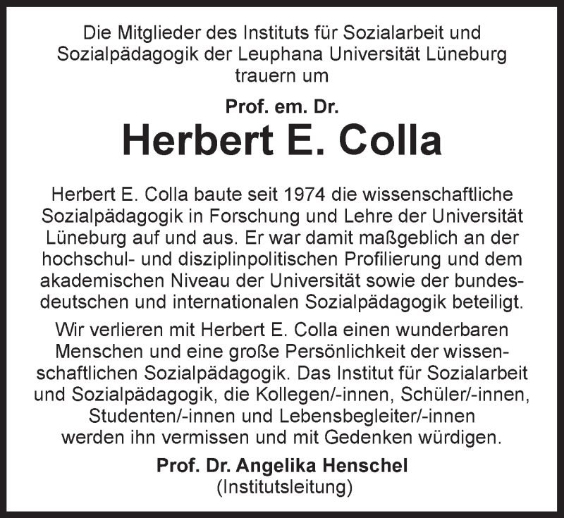  Traueranzeige für Herbert Colla vom 09.09.2017 aus LZ