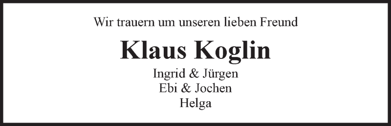  Traueranzeige für Klaus Koglin vom 16.09.2017 aus LZ