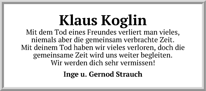  Traueranzeige für Klaus Koglin vom 16.09.2017 aus LZ