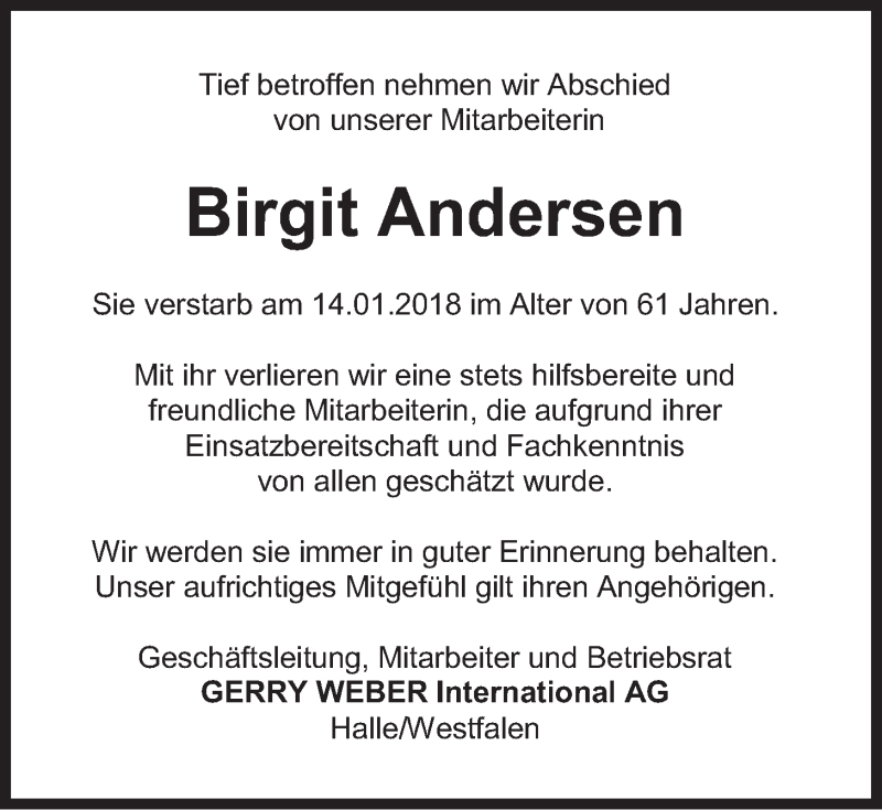  Traueranzeige für Birgit Andersen vom 27.01.2018 aus LZ