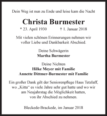 Anzeige von Christa Burmester von LZ