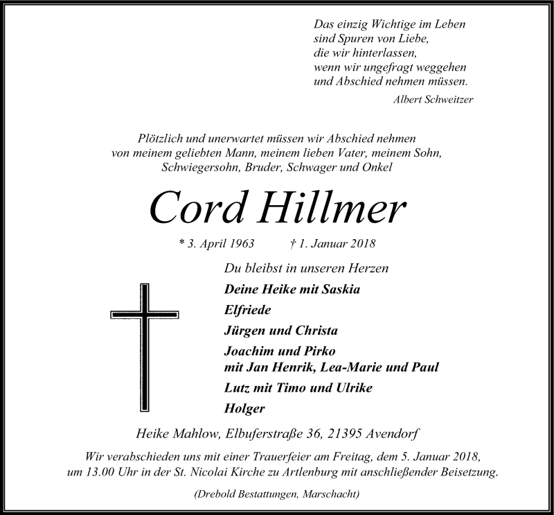  Traueranzeige für Cord Hillmer vom 03.01.2018 aus LZ
